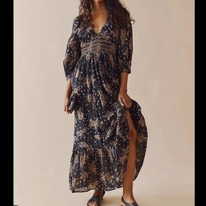 Free People Boho Golden Hour Border Maxi Dress in Black Combo